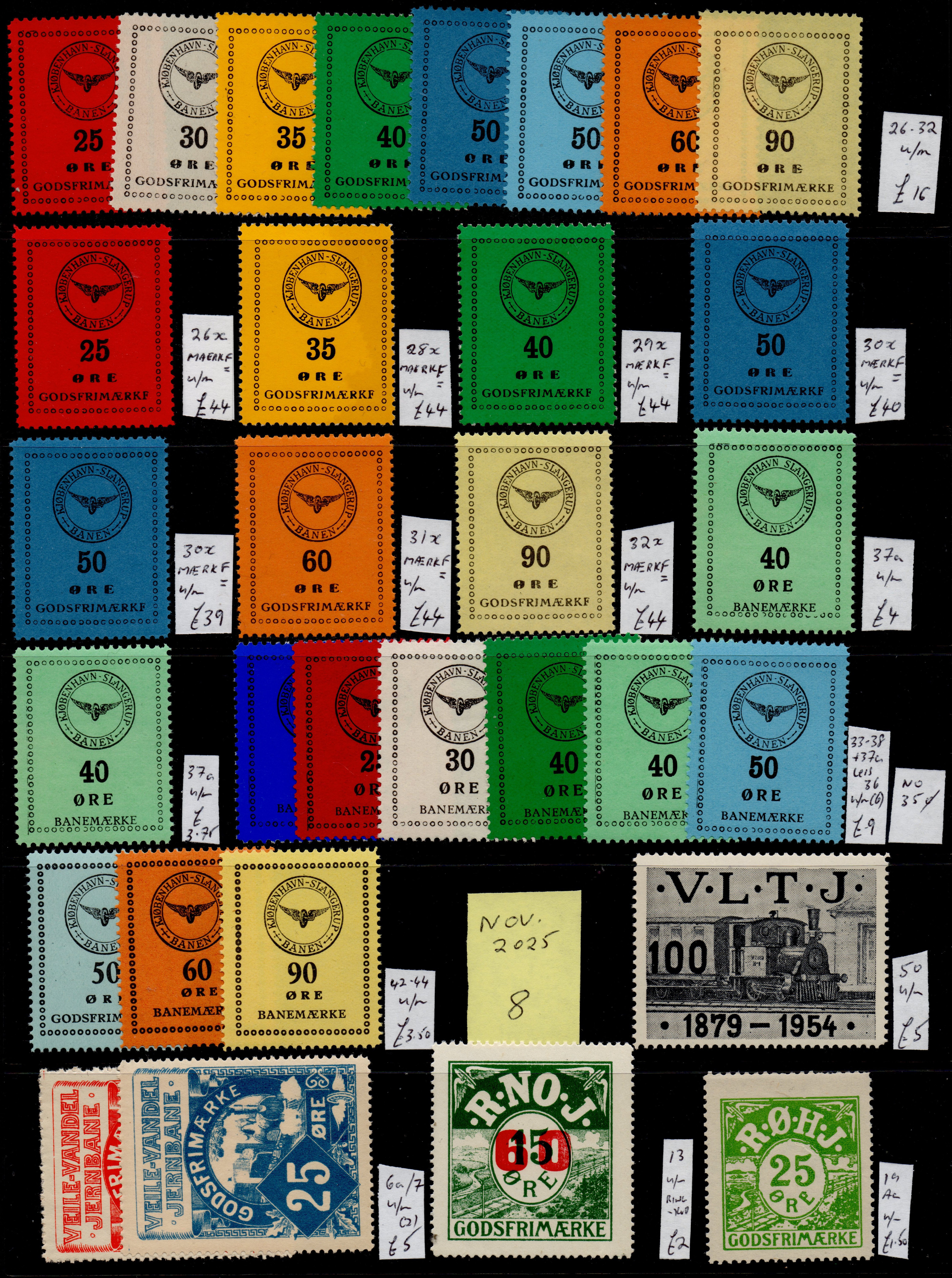 Denmark Danish Railway Parcel Stamps - Kjobenhavn or Kobenhavn-Slangerup Banen; VLTJ; Veile-Vandel Banen; RNOJ / ROHJ